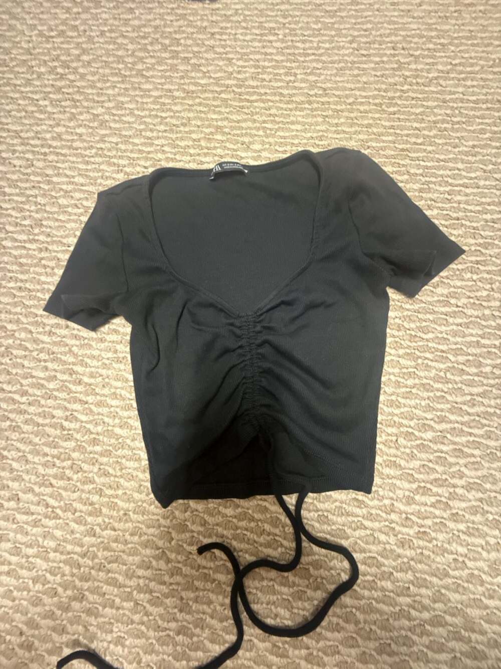 Zara Ruched Front Crop Top Size S Black V-Neck Short Sleeve